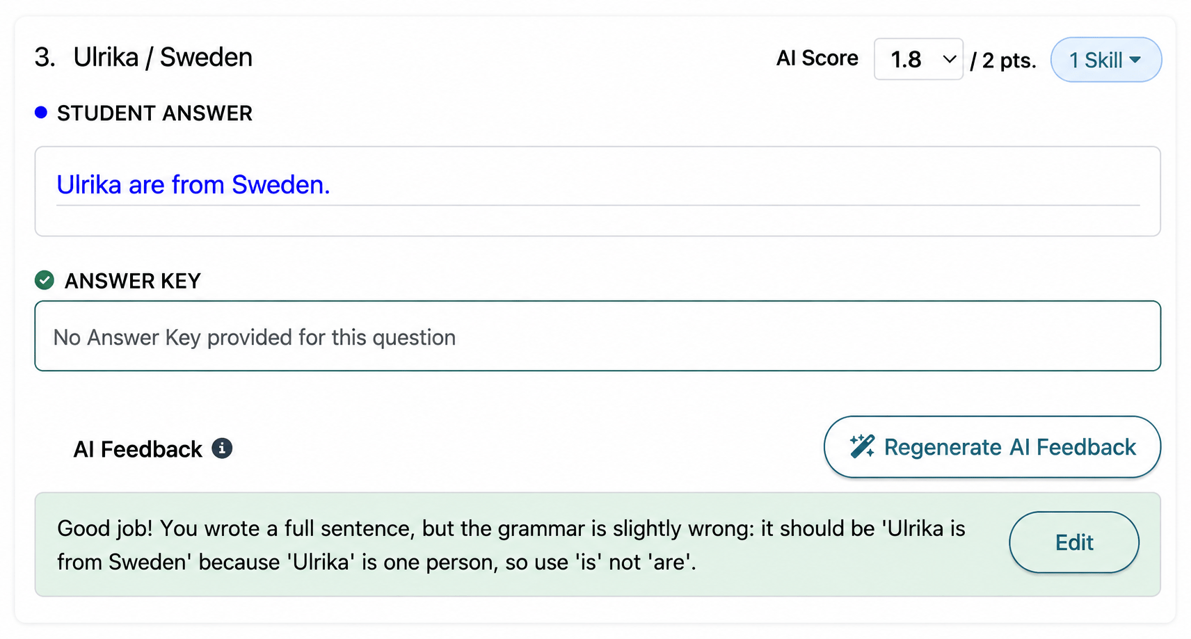 Written student response with an AI score and editable feedback