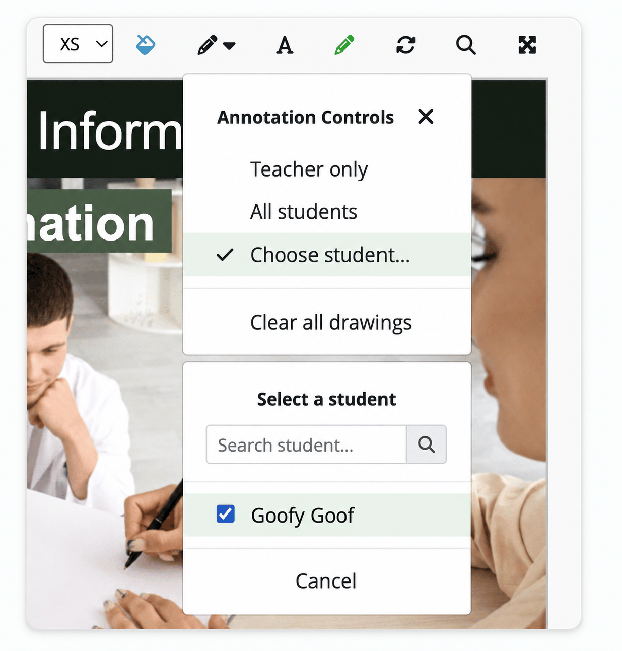 Annotation Controls and an individual student selected for access