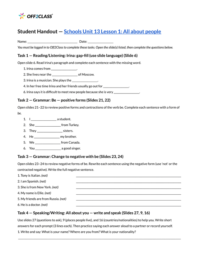 The All about people Student Handout, with lesson-linked reading, grammar and writing activities.
