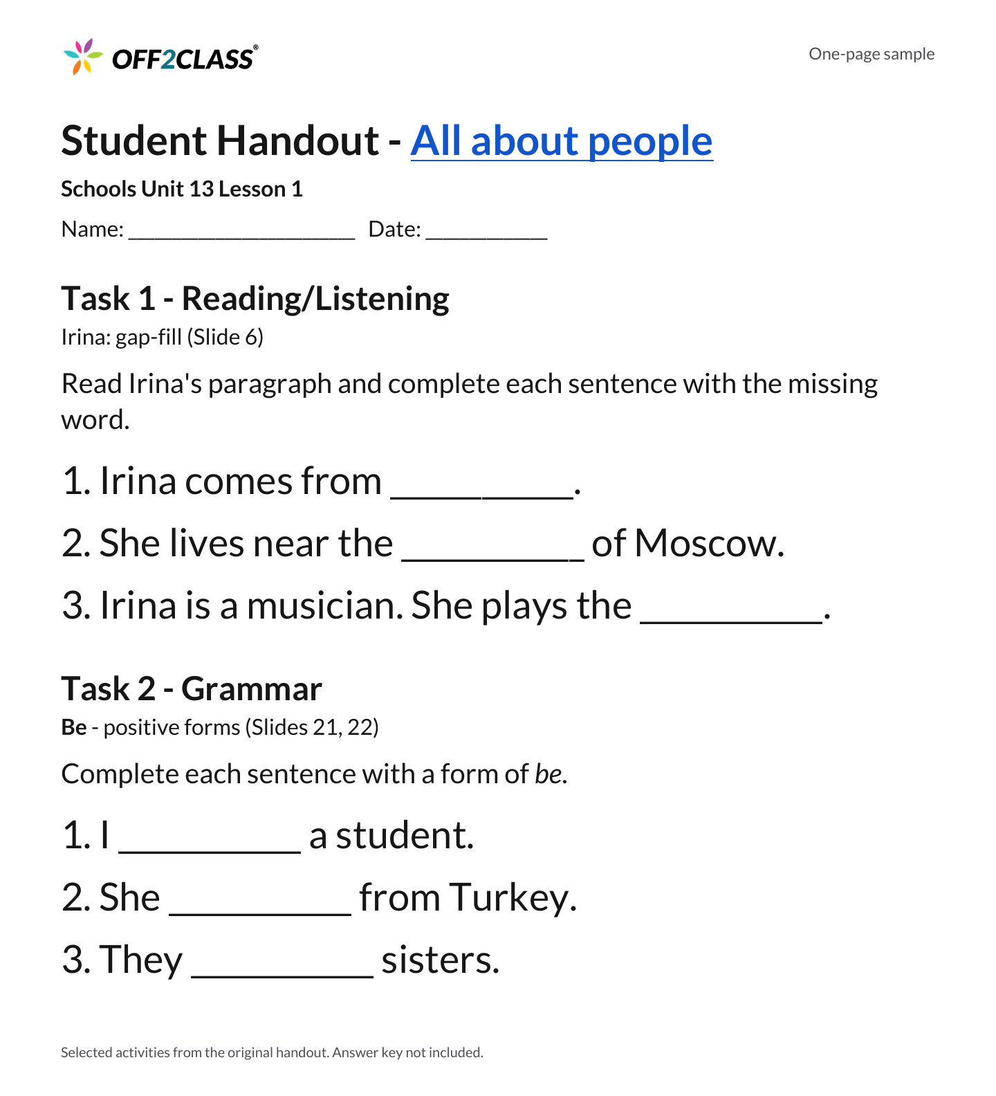 Student Handout sample showing reading and grammar activities
