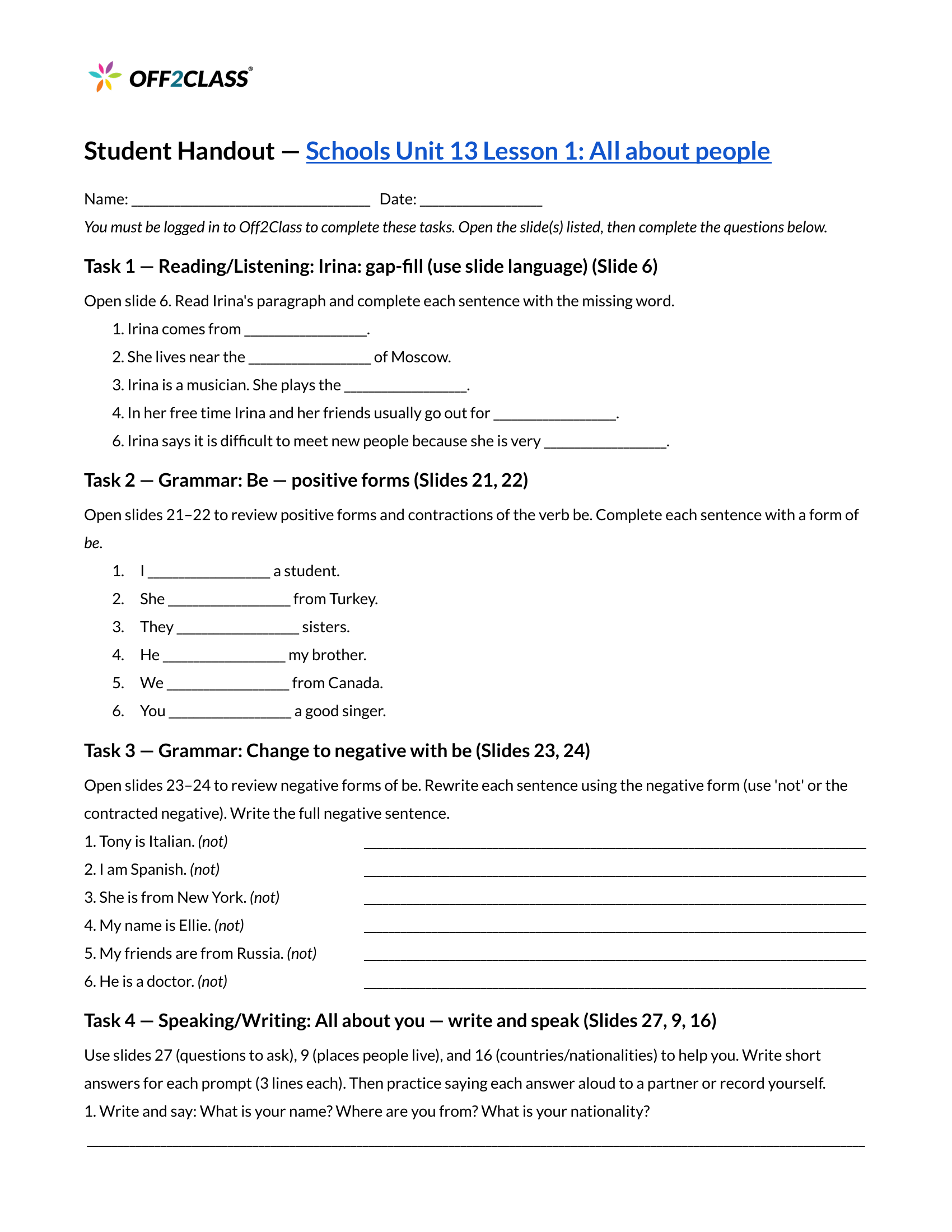 Page 1 of 3 of the All about people Student Handout.