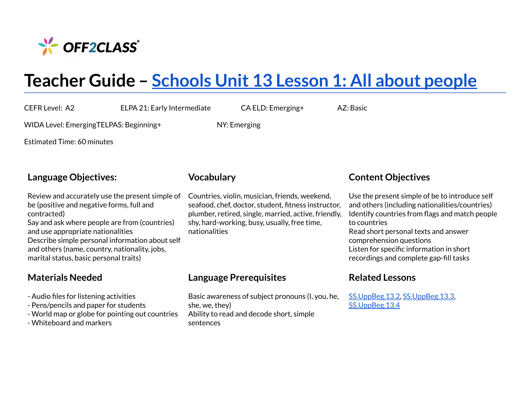 Example Teacher Guide for Schools Unit 13 Lesson 1, All about people, showing objectives, vocabulary and materials